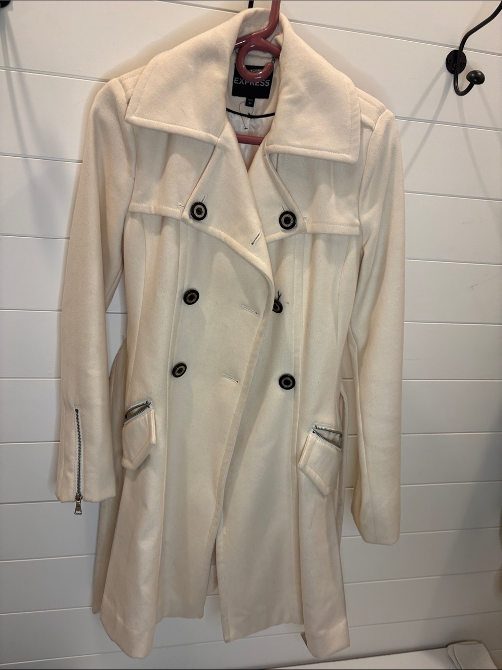 Express Cream Double-Breasted Pea Coat with Zipper Accents